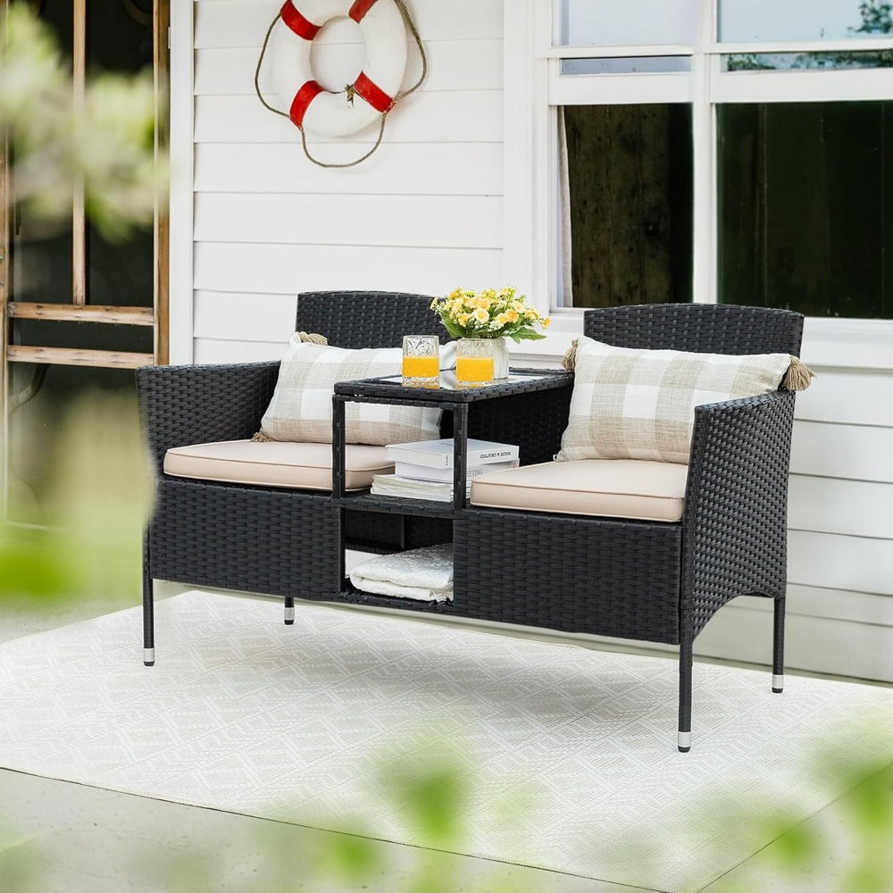 Outdoor Wicker Loveseat with Table & Cushions - Patio Ready