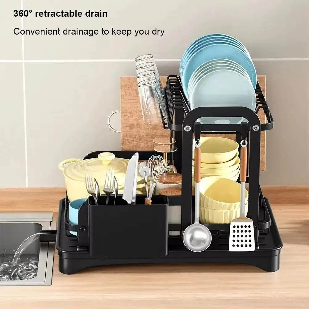 2 Tier Dish Drying Rack with 360° Drainage & Drip Tray