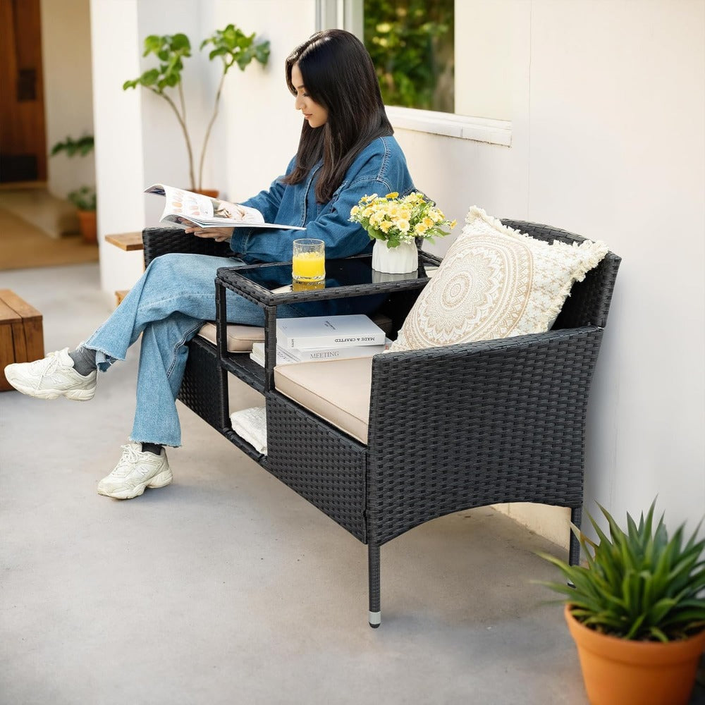 Outdoor Wicker Loveseat with Table & Cushions - Patio Ready
