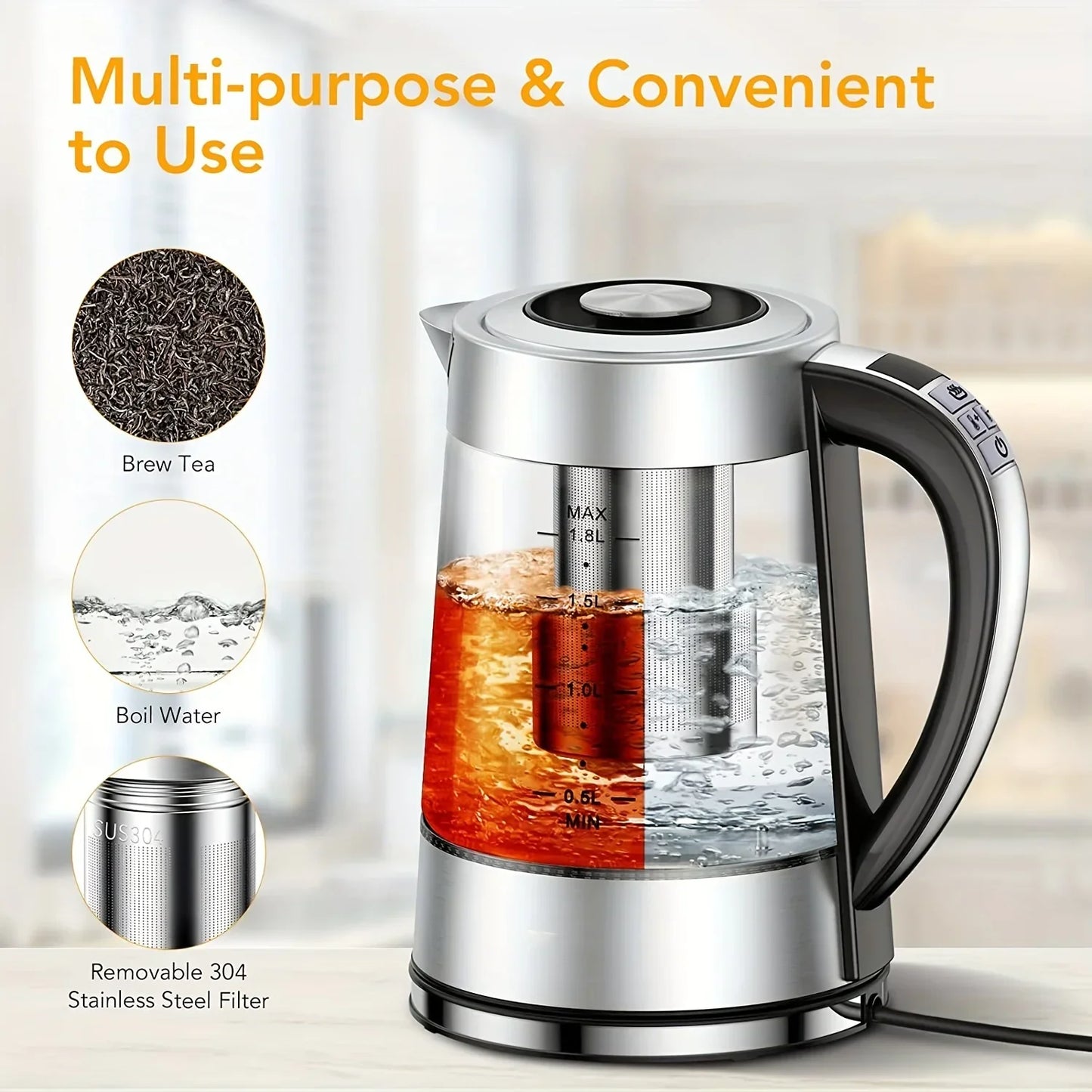 Electric Kettle 1.8L: 12 Temps, 24H Heat, Stainless Steel