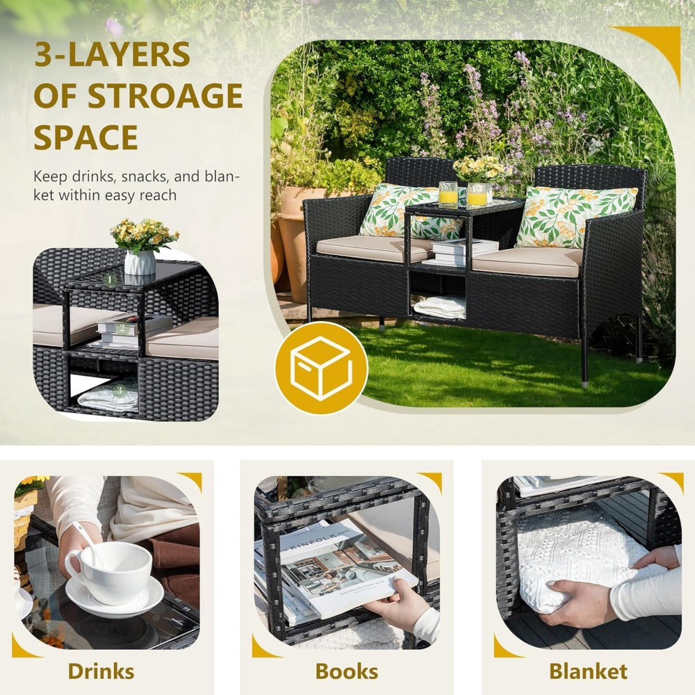 Outdoor Wicker Loveseat with Table & Cushions - Patio Ready