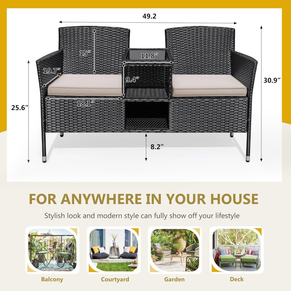 Outdoor Wicker Loveseat with Table & Cushions - Patio Ready