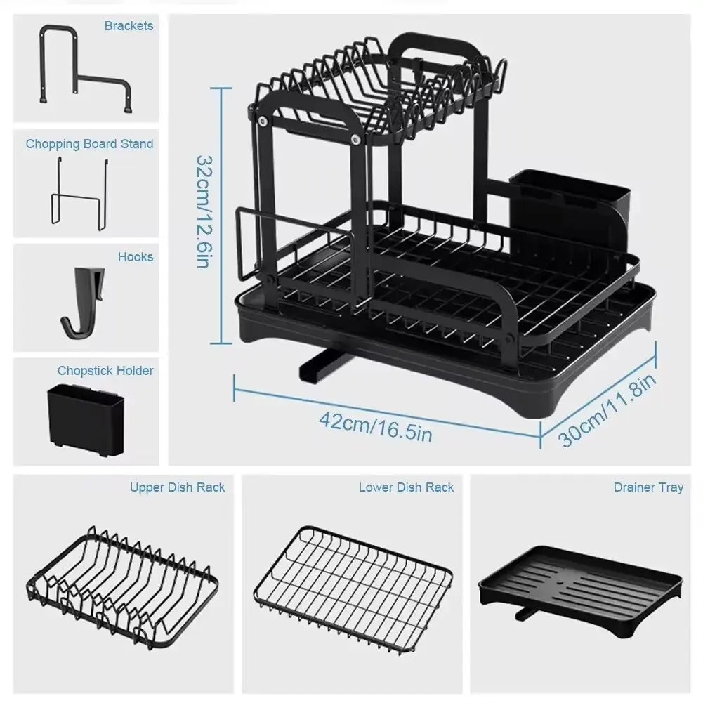 2 Tier Dish Drying Rack with 360° Drainage & Drip Tray