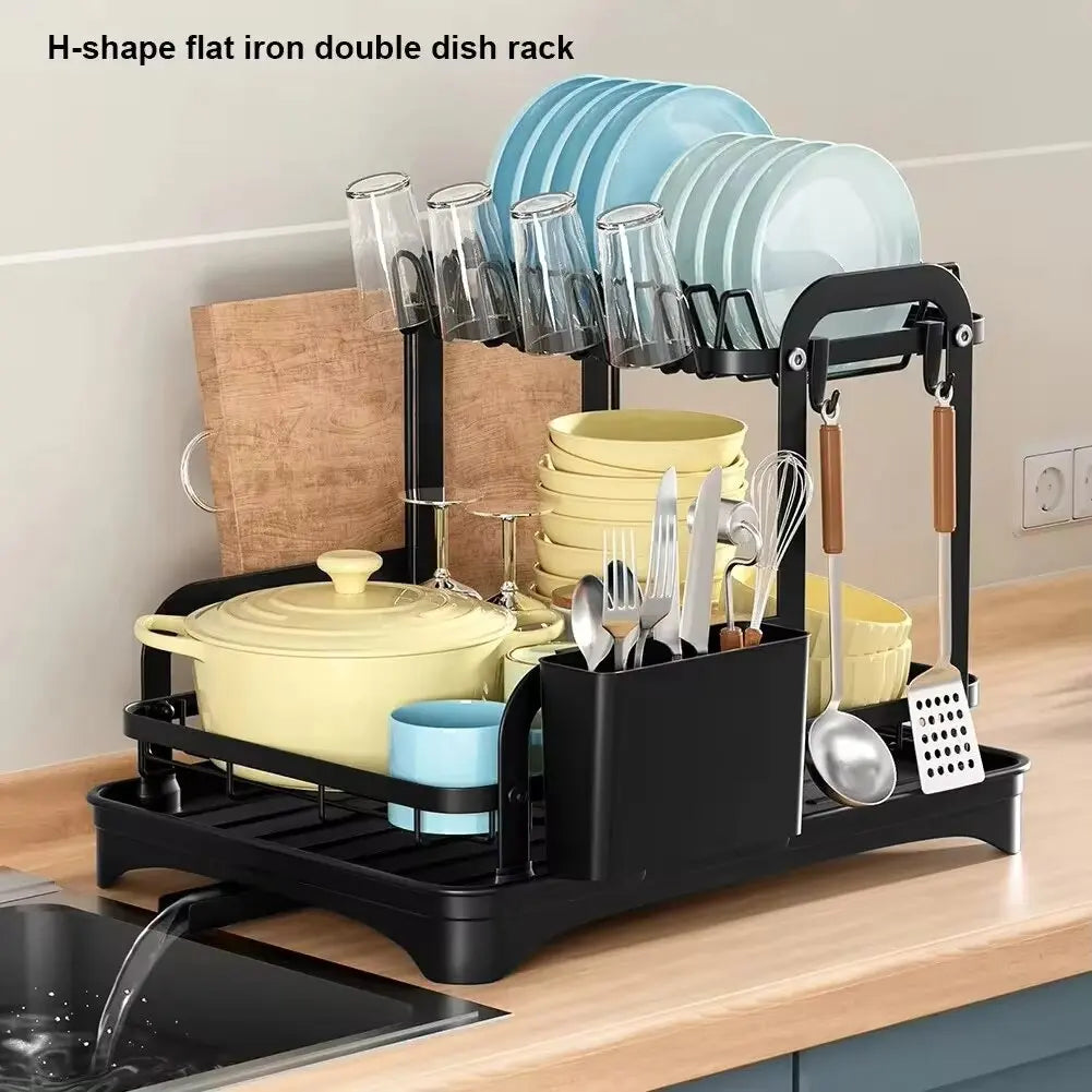 2 Tier Dish Drying Rack with 360° Drainage & Drip Tray