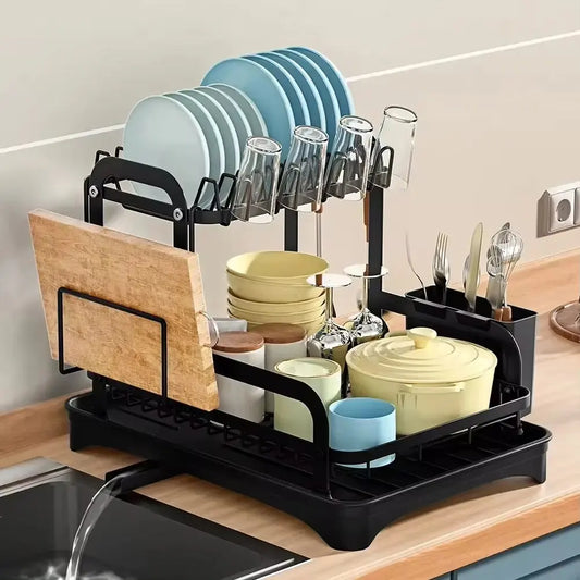 2 Tier Dish Drying Rack with 360° Drainage & Drip Tray