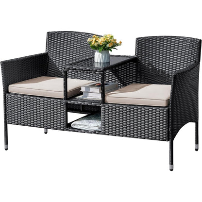 Outdoor Wicker Loveseat with Table & Cushions - Patio Ready