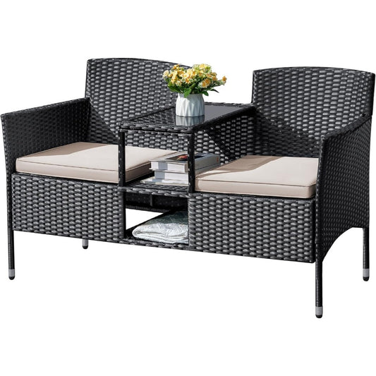 Outdoor Wicker Loveseat with Table & Cushions - Patio Ready